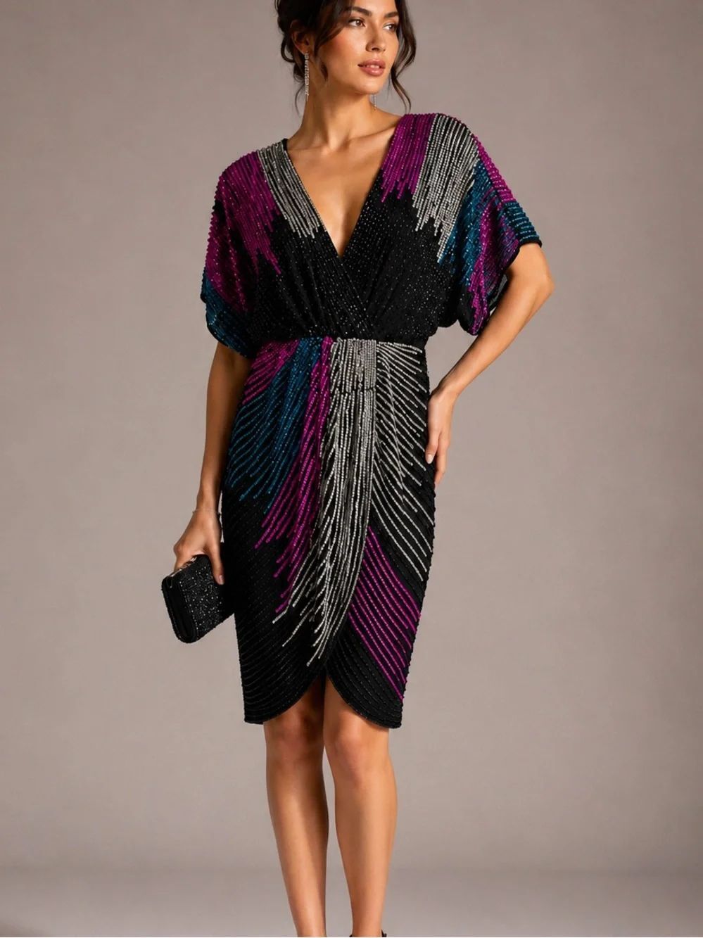 Aidan Mattox Beaded Cocktail Dress Black Pink Blue Surplice Sheath Size 4